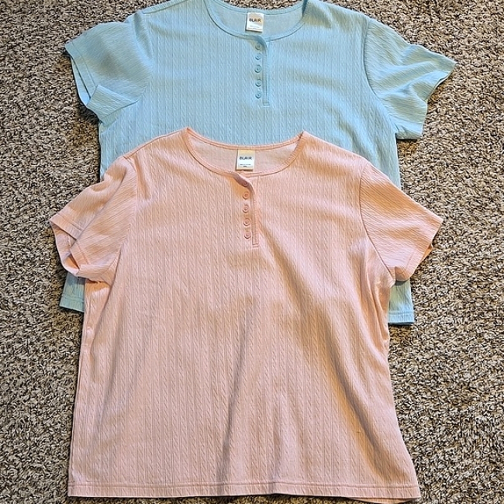 *Set of 2* Blair Pointelle Henley Tops size 2XL blue and pink